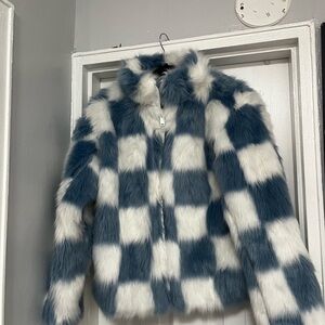 Blue and White Checker Faux Fur Jacket